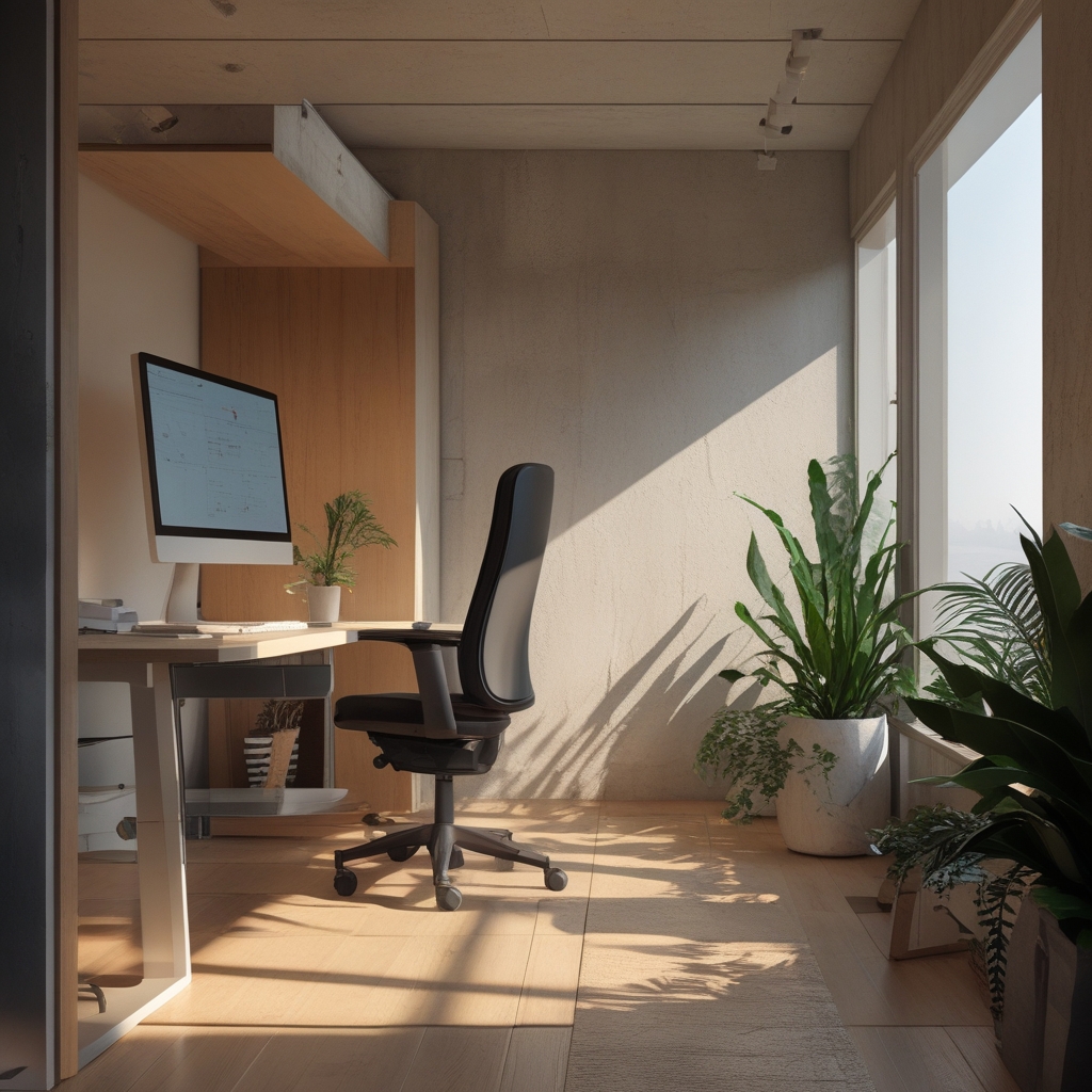 Bureau ergonomique moderne avec chaise réglable, écran surélevé, éclairage naturel depuis une fenêtre sur le côté, plantes vertes en arrière-plan, espace de travail organisé et serein