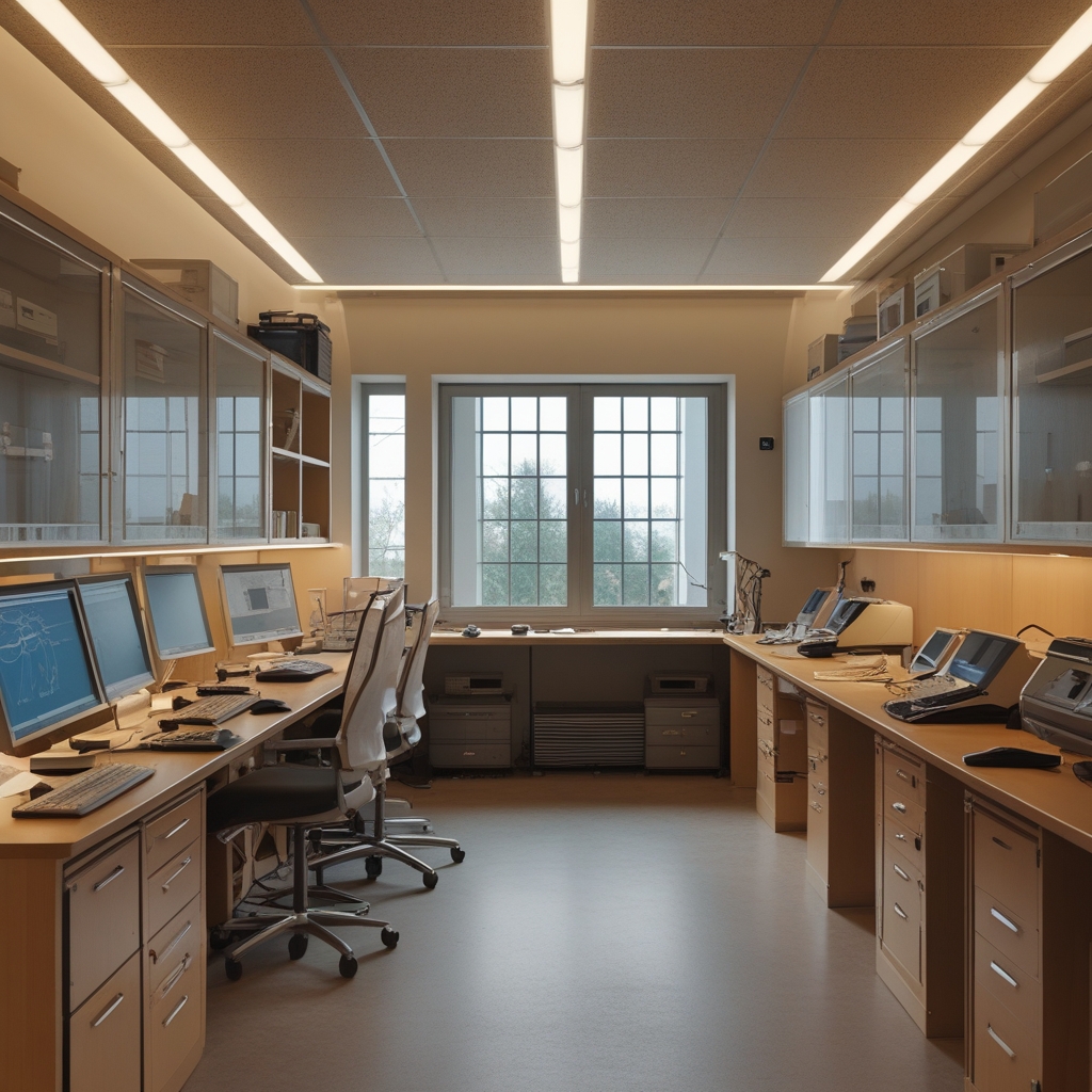 Salle de recherche avec équipements d'analyse du mouvement, capteurs et écrans affichant des données cinématiques, éclairage bleuté technique, atmosphere laboratoire moderne