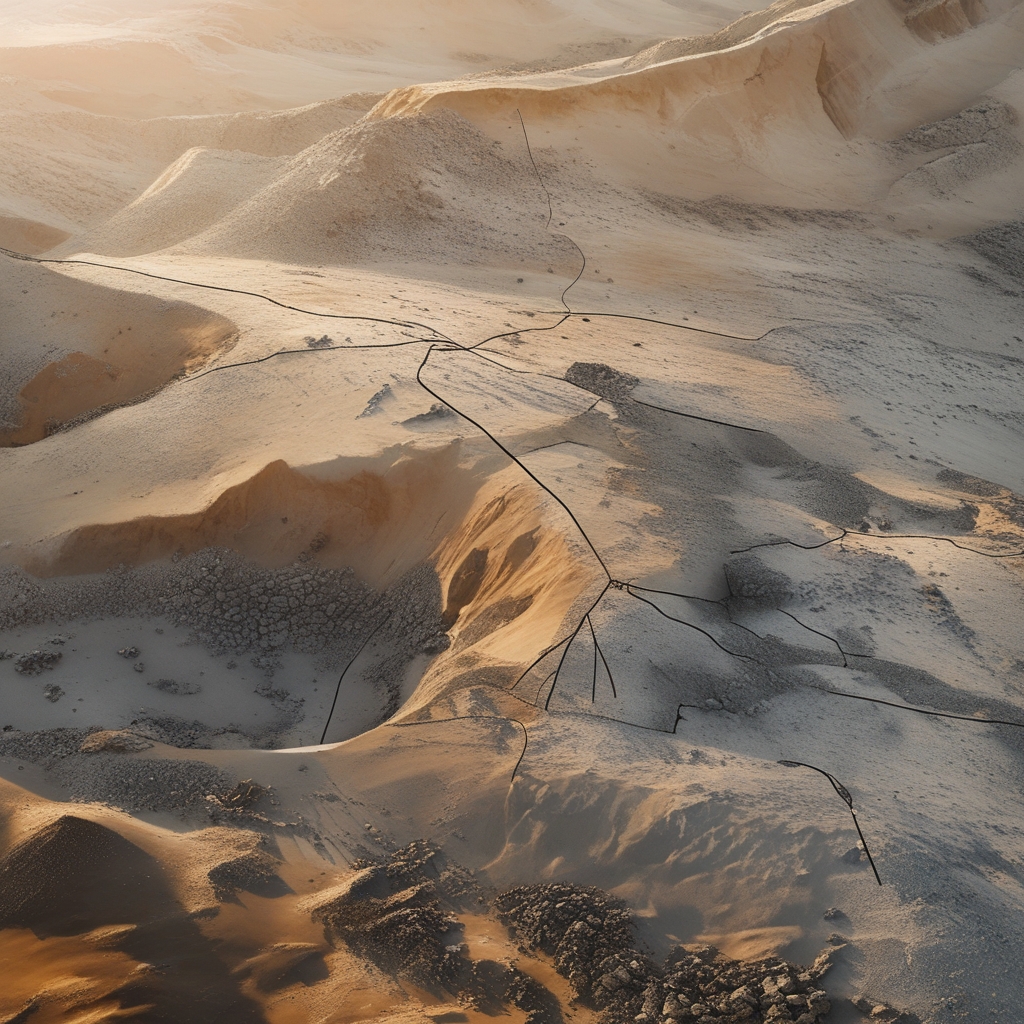 Vue aérienne d'un plan de travail avec des diagrammes schématiques dessinés à la main, des graphiques de flux sur papier crème, instruments de dessin technique en métal posés sur la surface, lumière naturelle rasante créant des ombres douces