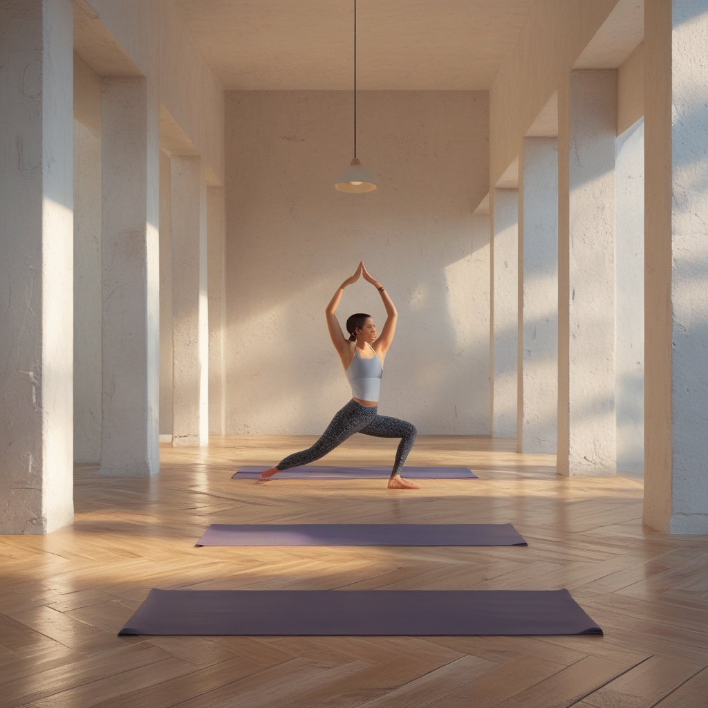Espace de pratique épuré avec tapis de yoga alignés sur un parquet clair, lumière chaude d'après-midi, plantes vertes en fond, vide serein avant une séance
