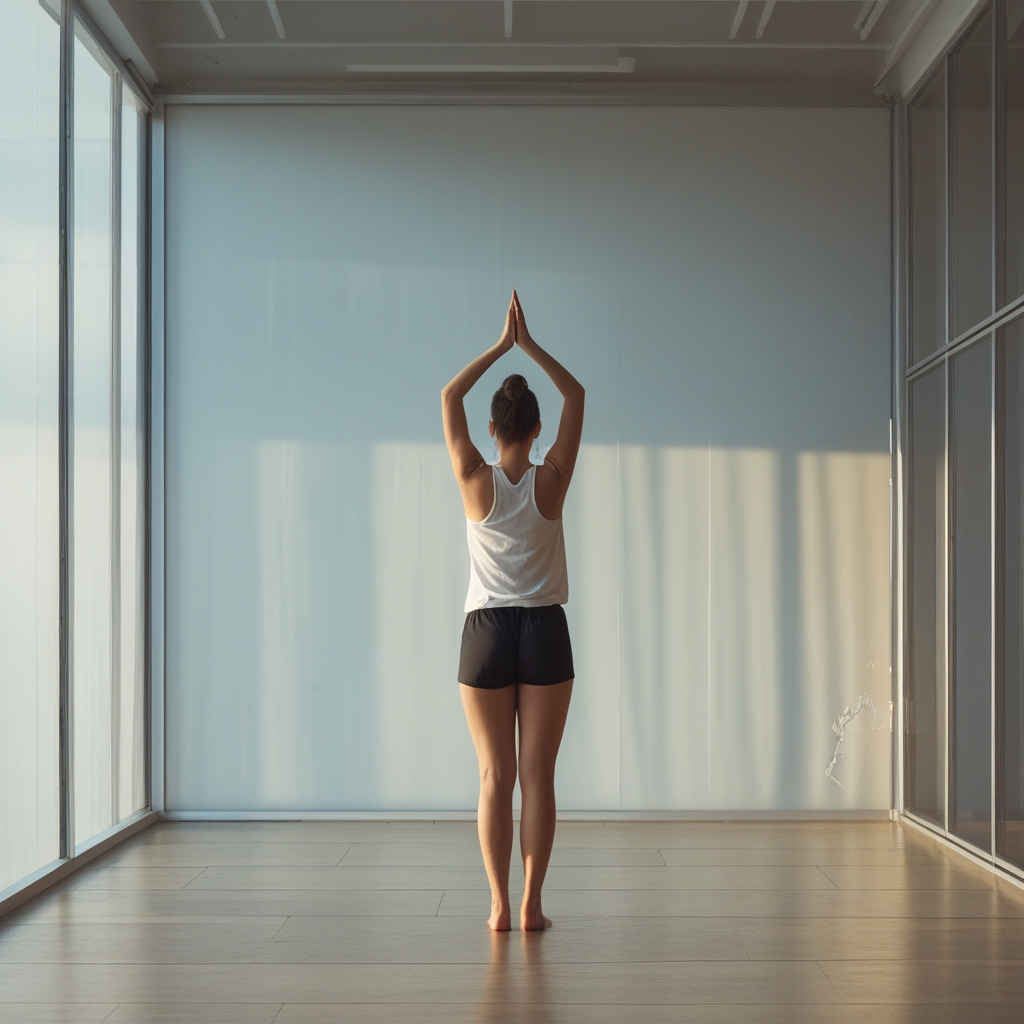 Personne réalisant un étirement doux des bras vers le ciel dans un espace intérieur baigné de lumière naturelle matinale, silhouette délicate sur fond de fenêtre claire, atmosphère apaisante